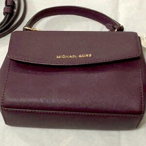 MICHAEL KORS Leather Mini Crossbody Satchel Plum Saffiano Leather